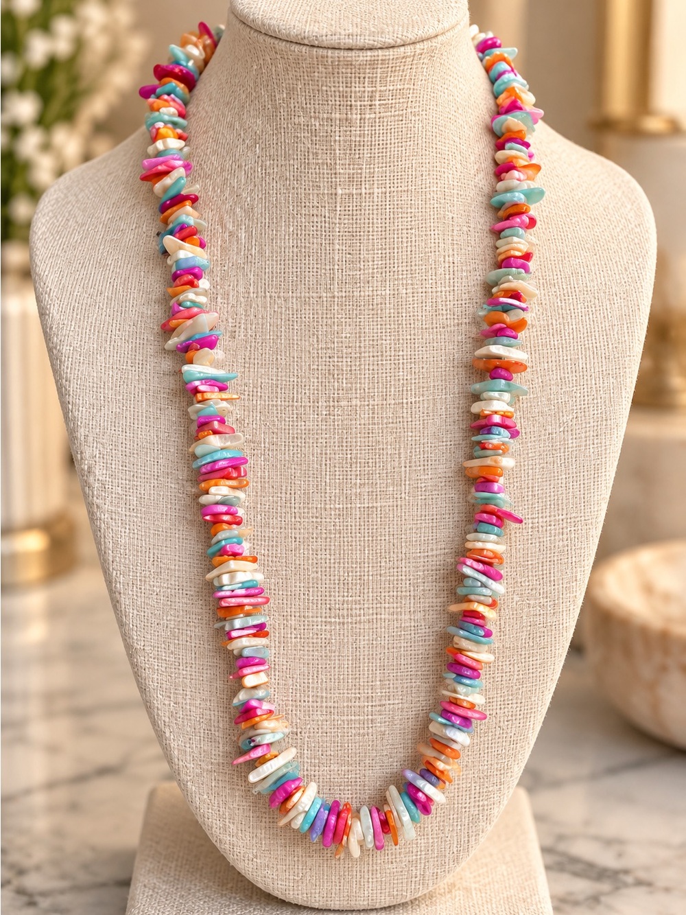 Colorful Shell Chip Statement Necklace - Women's Multicolor Bead Strand